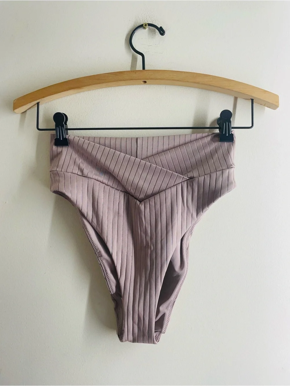 Aerie High Waisted High Cut Cheeky Bikini Bottom M Mauve Ribbed Crossover